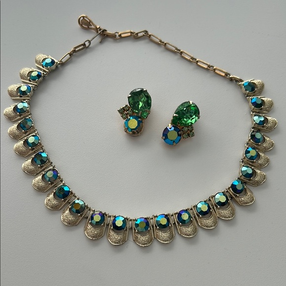 Vintage 1950s Coro Aurora Borealis AB Crystal Earrings and Necklace Set - Picture 2 of 7